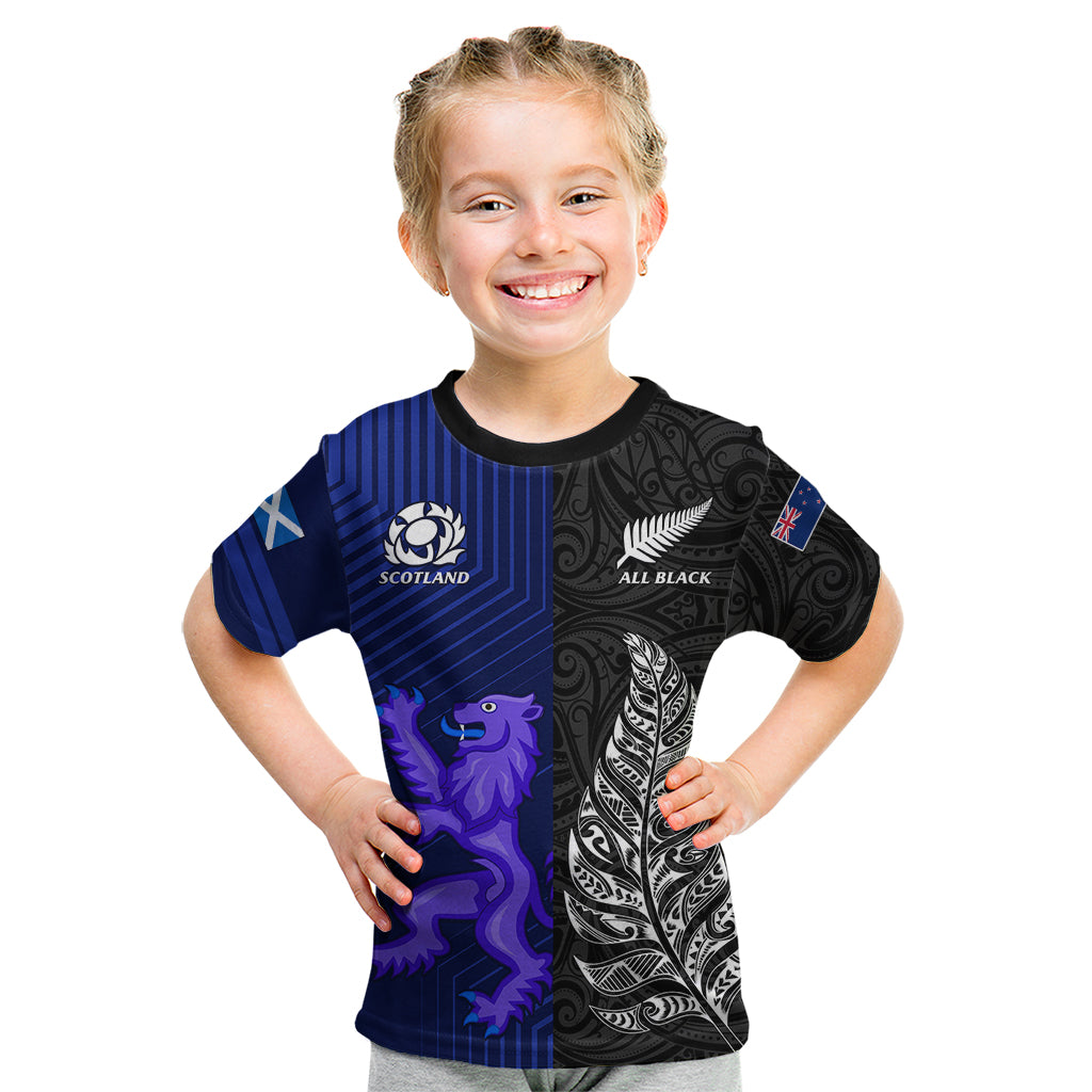 New Zealand and Scotland Rugby Kid T Shirt All Black Maori With Thistle Together LT14 Black - Polynesian Pride