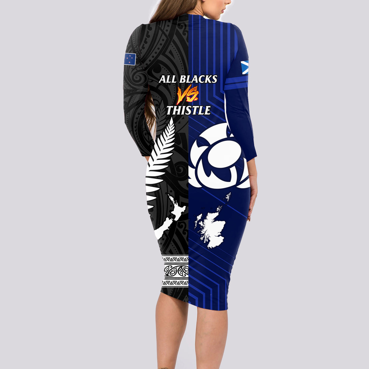 New Zealand and Scotland Rugby Long Sleeve Bodycon Dress All Black Maori With Thistle Together LT14 - Polynesian Pride