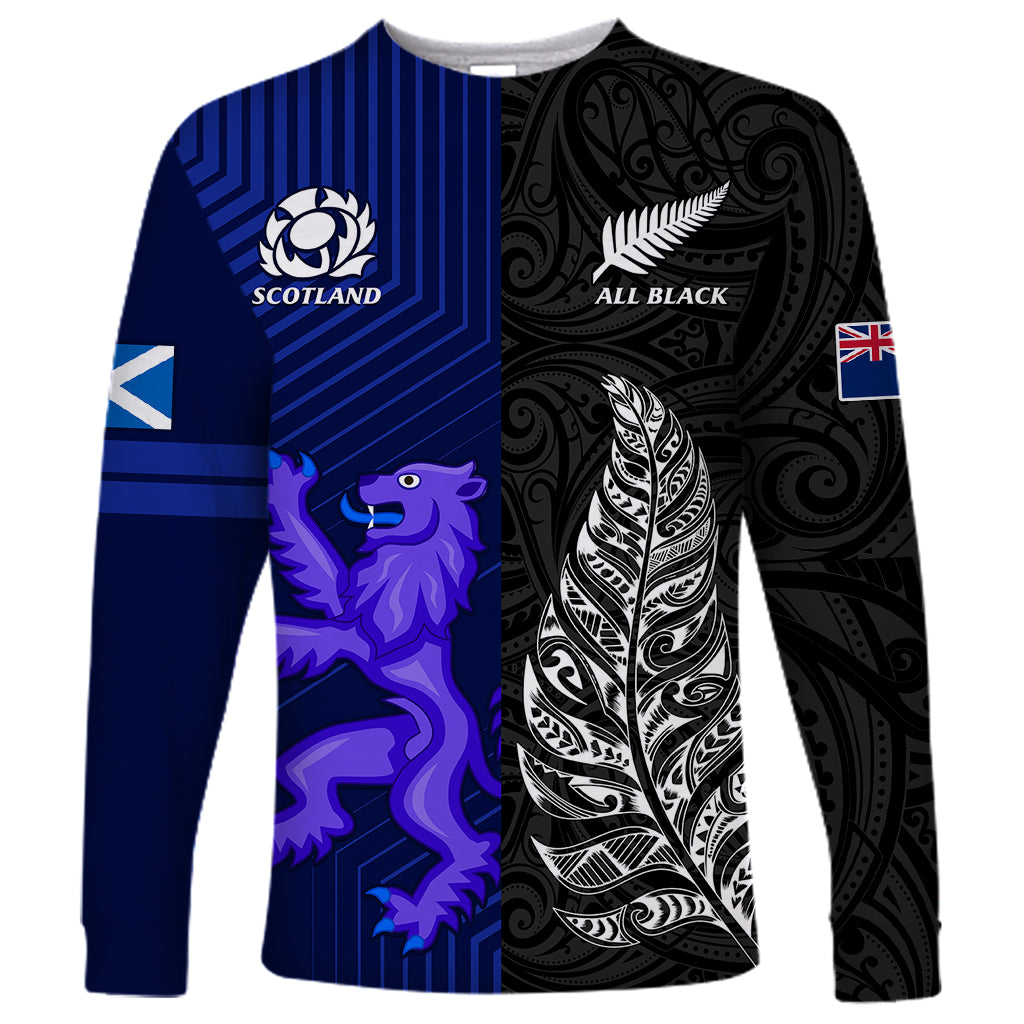 New Zealand and Scotland Rugby Long Sleeve Shirt All Black Maori With Thistle Together LT14 Unisex Black - Polynesian Pride