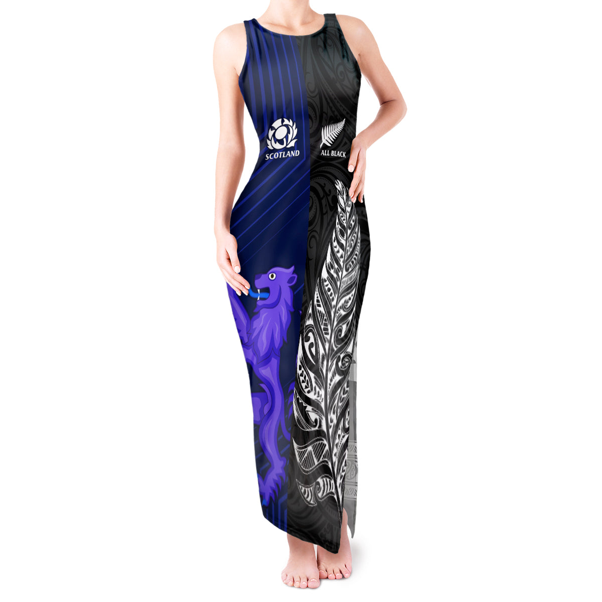 New Zealand and Scotland Rugby Tank Maxi Dress All Black Maori With Thistle Together LT14 Women Black - Polynesian Pride