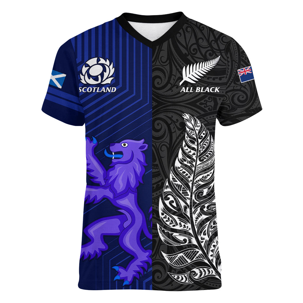 New Zealand and Scotland Rugby Women V Neck T Shirt All Black Maori With Thistle Together LT14 Female Black - Polynesian Pride