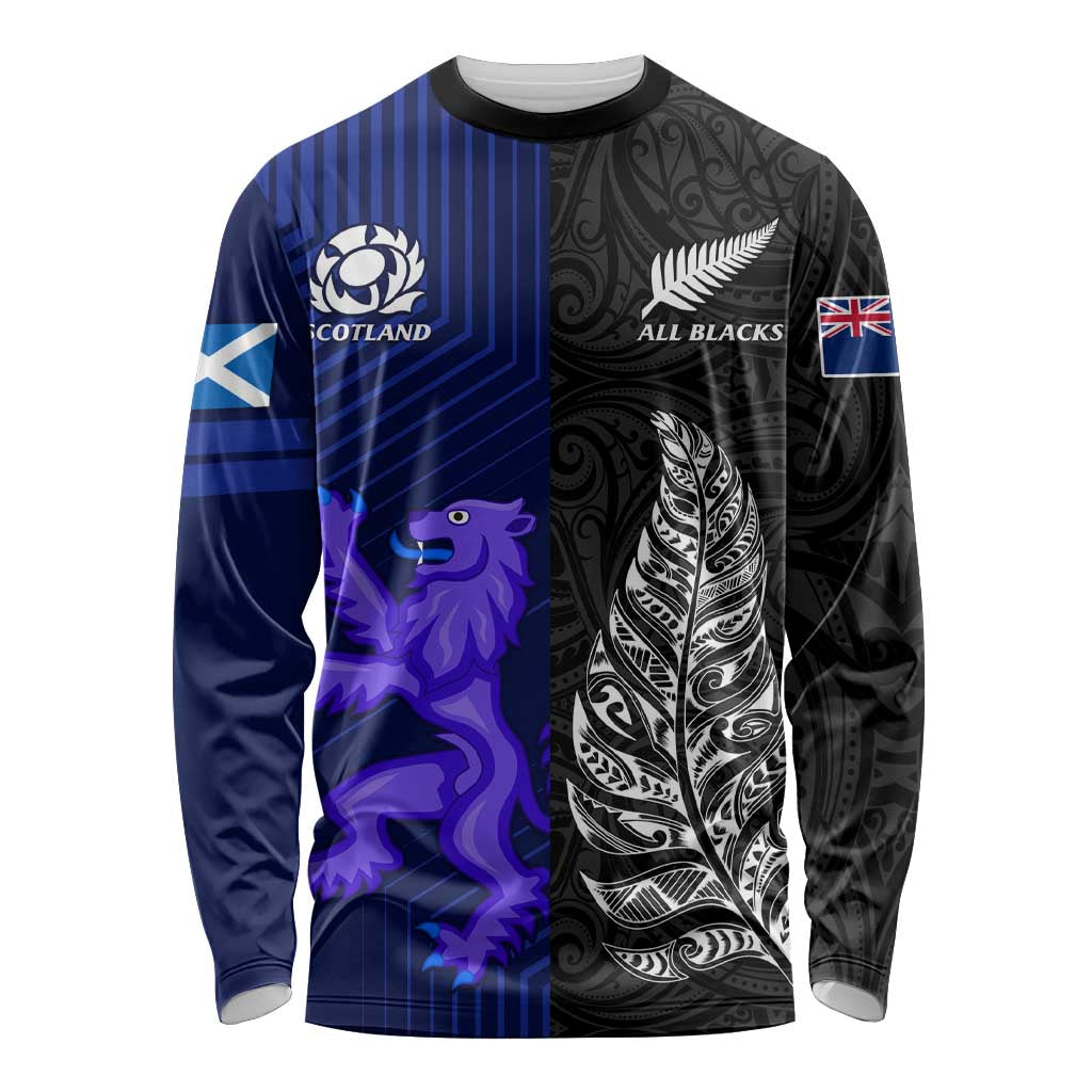 Personalised New Zealand and Scotland Rugby Long Sleeve Shirt All Black Maori With Thistle Together LT14