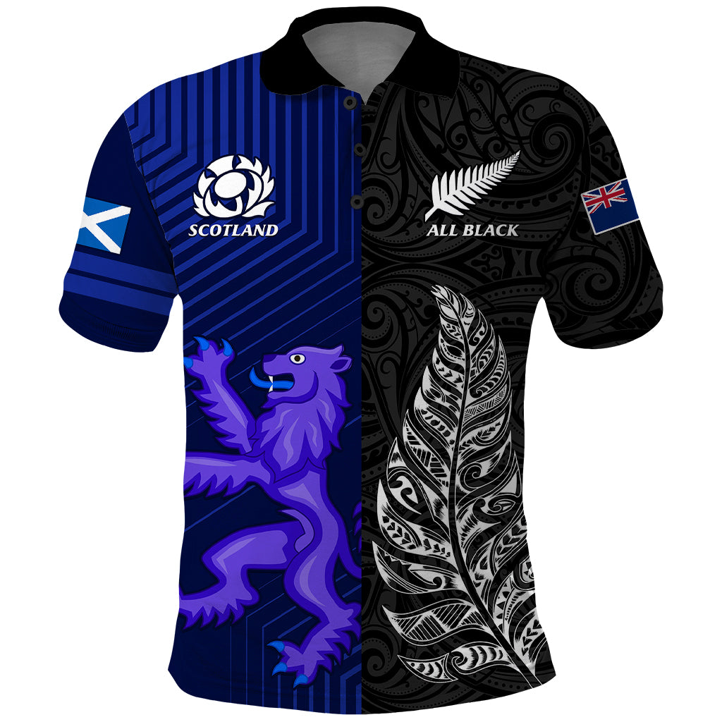 Personalised New Zealand and Scotland Rugby Polo Shirt All Black Maori With Thistle Together LT14 Black - Polynesian Pride