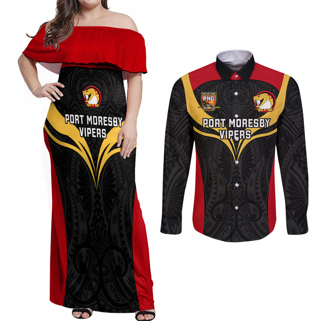 Papua New Guinea Rugby Couples Matching Off Shoulder Maxi Dress and Long Sleeve Button Shirts Port Moresby Vipers PNG Polynesian Pattern LT14 Black - Polynesian Pride