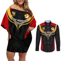 Papua New Guinea Rugby Couples Matching Off Shoulder Short Dress and Long Sleeve Button Shirts Port Moresby Vipers PNG Polynesian Pattern LT14 Black - Polynesian Pride