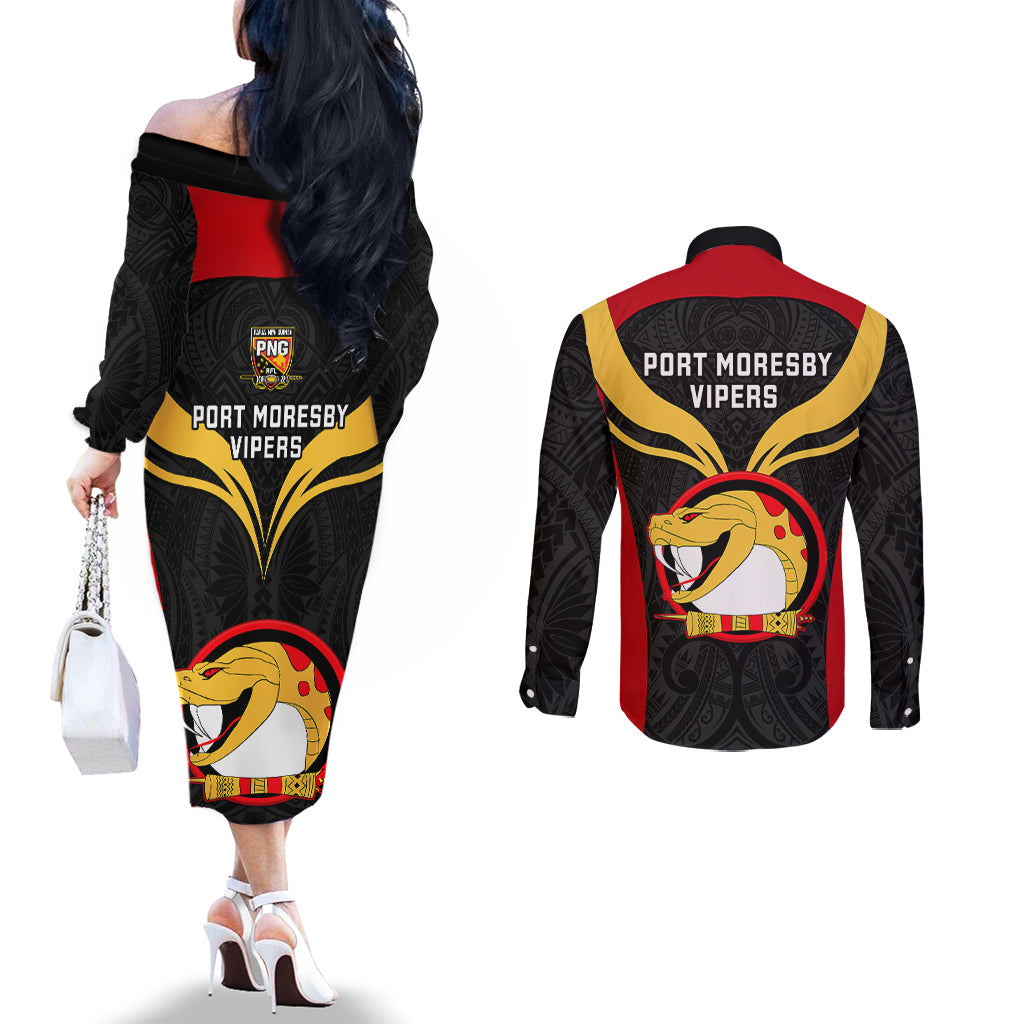 Papua New Guinea Rugby Couples Matching Off The Shoulder Long Sleeve Dress and Long Sleeve Button Shirts Port Moresby Vipers PNG Polynesian Pattern LT14 - Polynesian Pride
