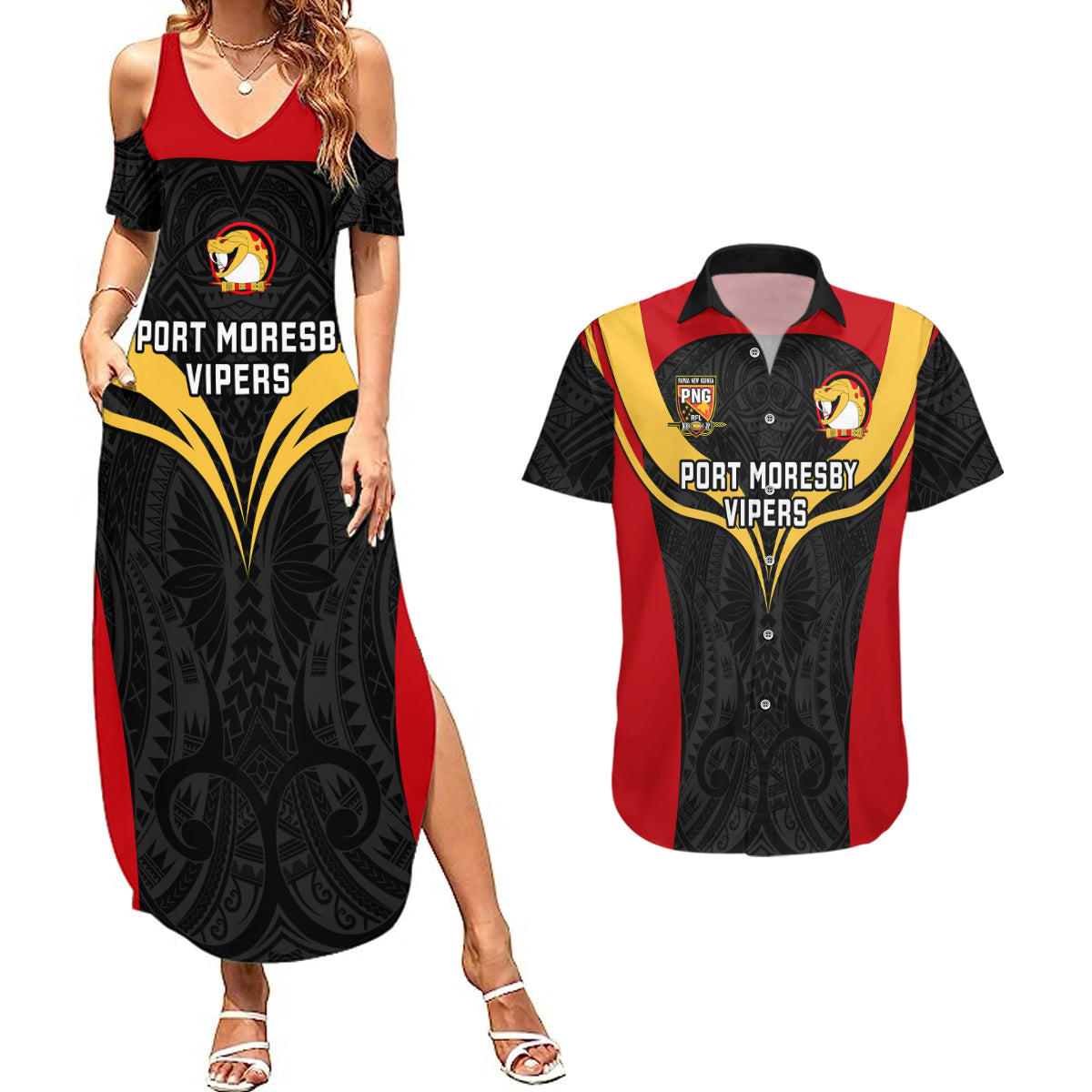Papua New Guinea Rugby Couples Matching Summer Maxi Dress and Hawaiian Shirt Port Moresby Vipers PNG Polynesian Pattern LT14 Black - Polynesian Pride