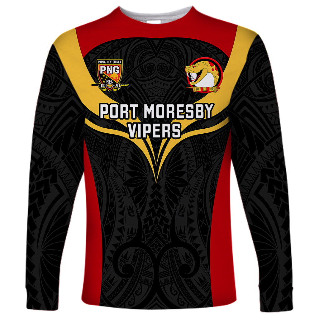 Papua New Guinea Rugby Long Sleeve Shirt Port Moresby Vipers PNG Polynesian Pattern LT14 Unisex Black - Polynesian Pride