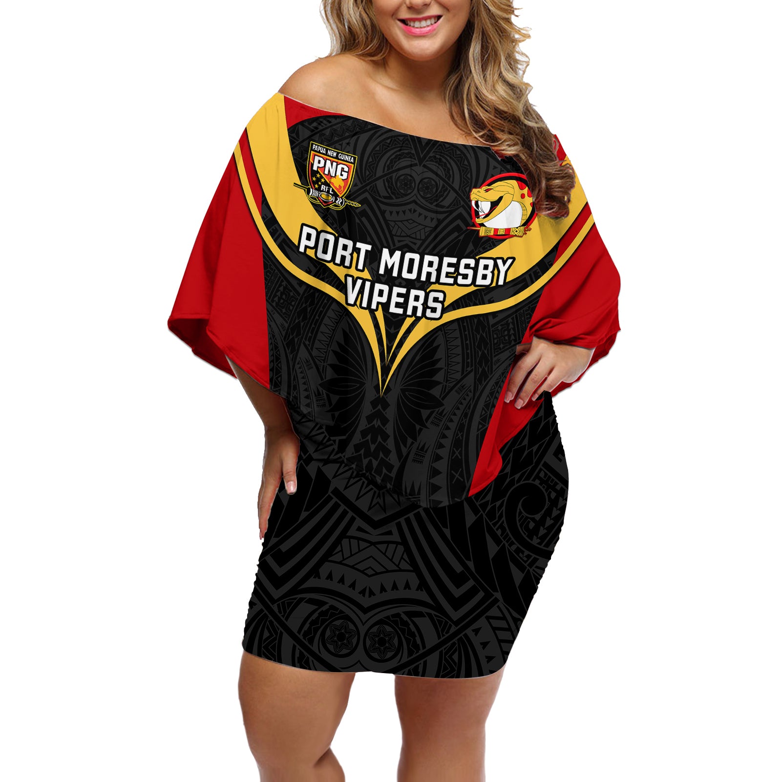 Papua New Guinea Rugby Off Shoulder Short Dress Port Moresby Vipers PNG Polynesian Pattern LT14 Women Black - Polynesian Pride