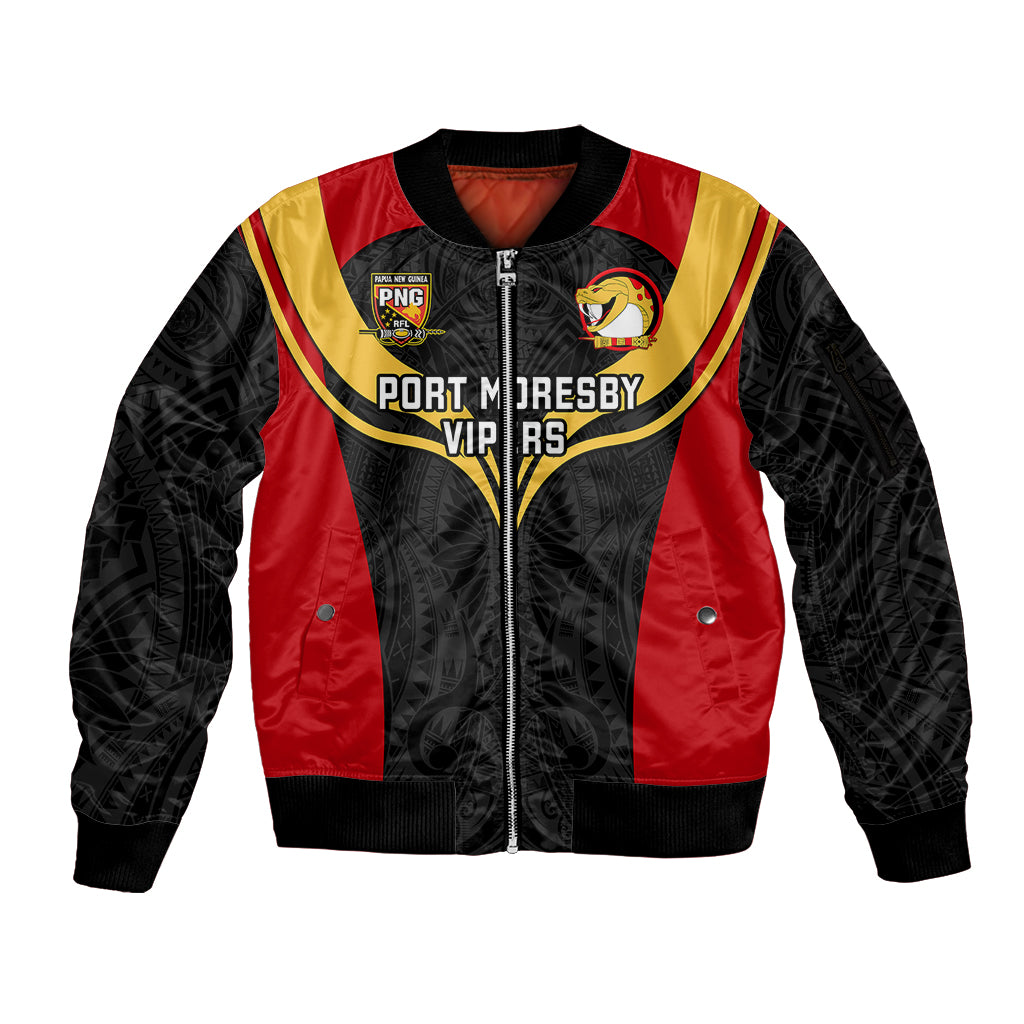 Papua New Guinea Rugby Sleeve Zip Bomber Jacket Port Moresby Vipers PNG Polynesian Pattern LT14 Unisex Black - Polynesian Pride