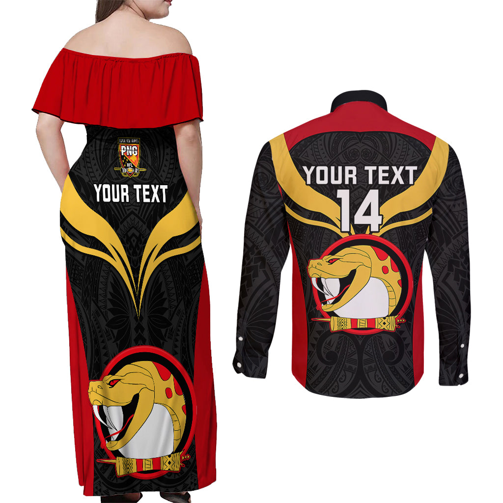 Custom Papua New Guinea Rugby Couples Matching Off Shoulder Maxi Dress and Long Sleeve Button Shirts Port Moresby Vipers PNG Polynesian Pattern LT14 - Polynesian Pride