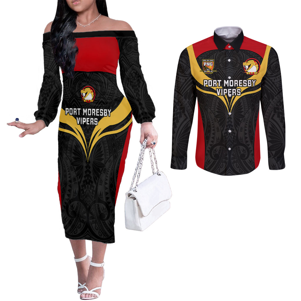 Custom Papua New Guinea Rugby Couples Matching Off The Shoulder Long Sleeve Dress and Long Sleeve Button Shirts Port Moresby Vipers PNG Polynesian Pattern LT14 Black - Polynesian Pride
