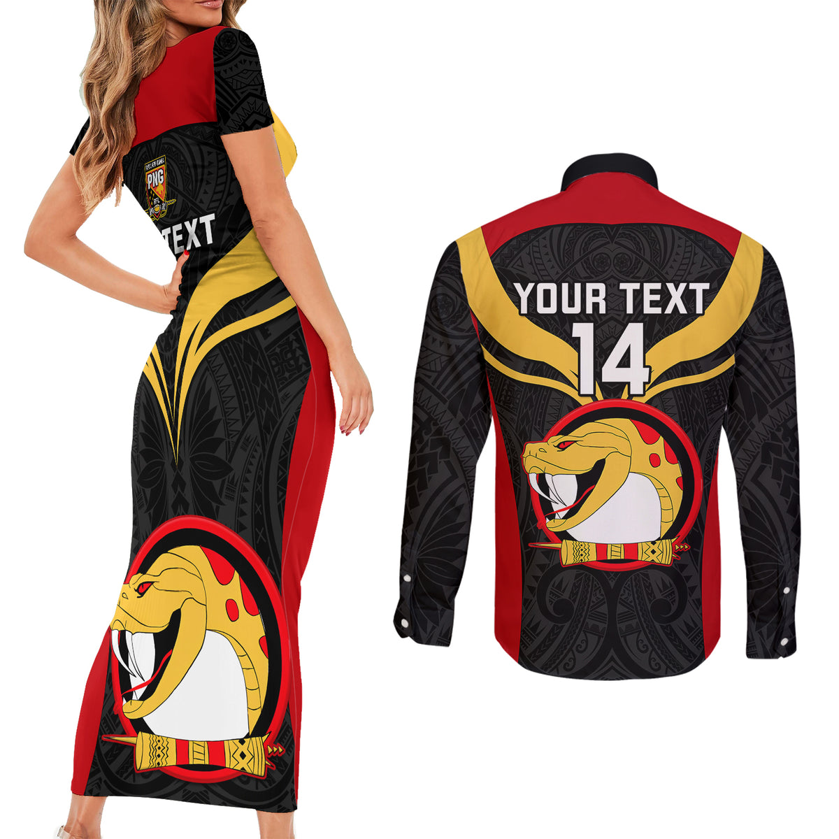 Custom Papua New Guinea Rugby Couples Matching Short Sleeve Bodycon Dress and Long Sleeve Button Shirts Port Moresby Vipers PNG Polynesian Pattern LT14 - Polynesian Pride