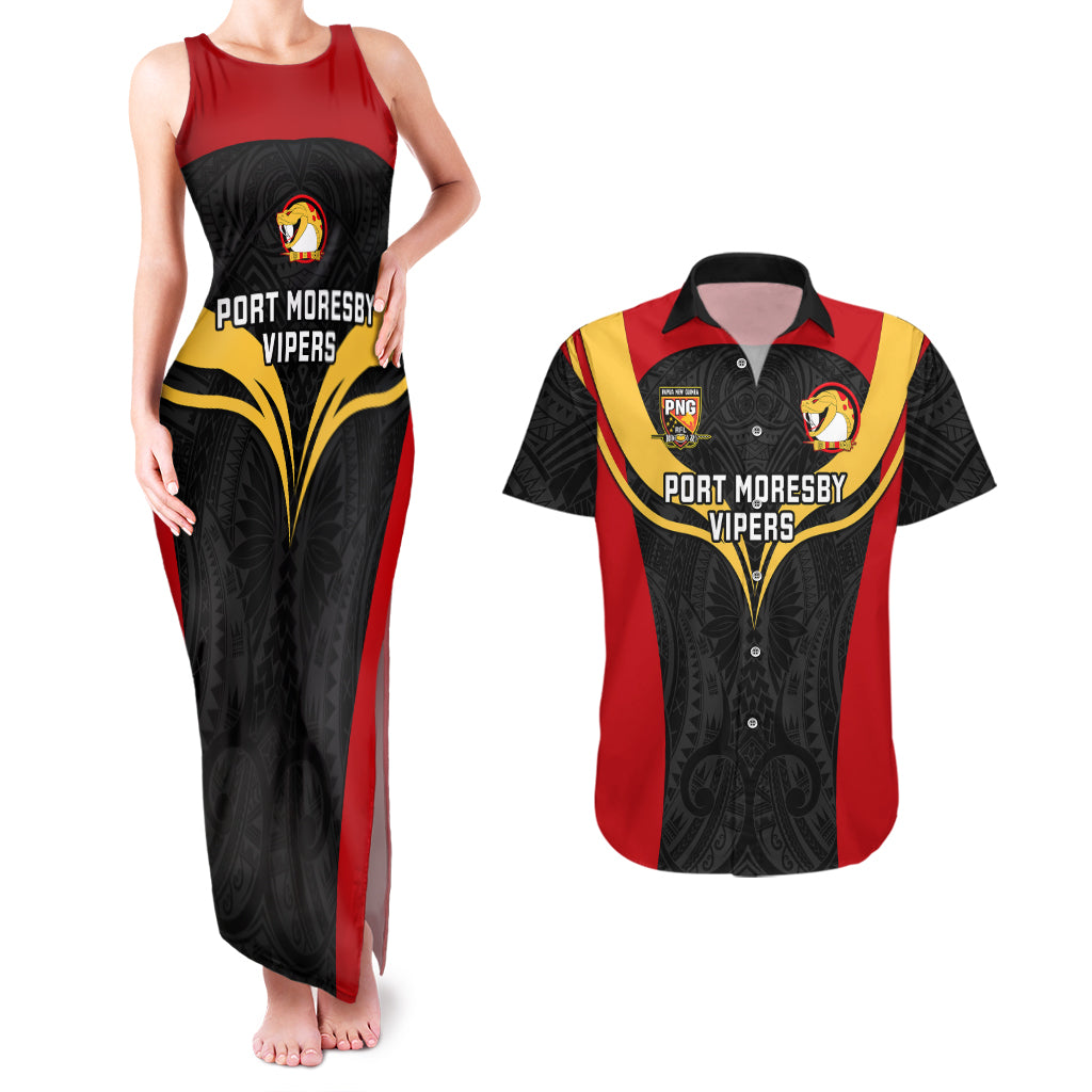 Custom Papua New Guinea Rugby Couples Matching Tank Maxi Dress And Hawaiian Shirt Port Moresby Vipers PNG Polynesian Pattern LT14 Black - Polynesian Pride