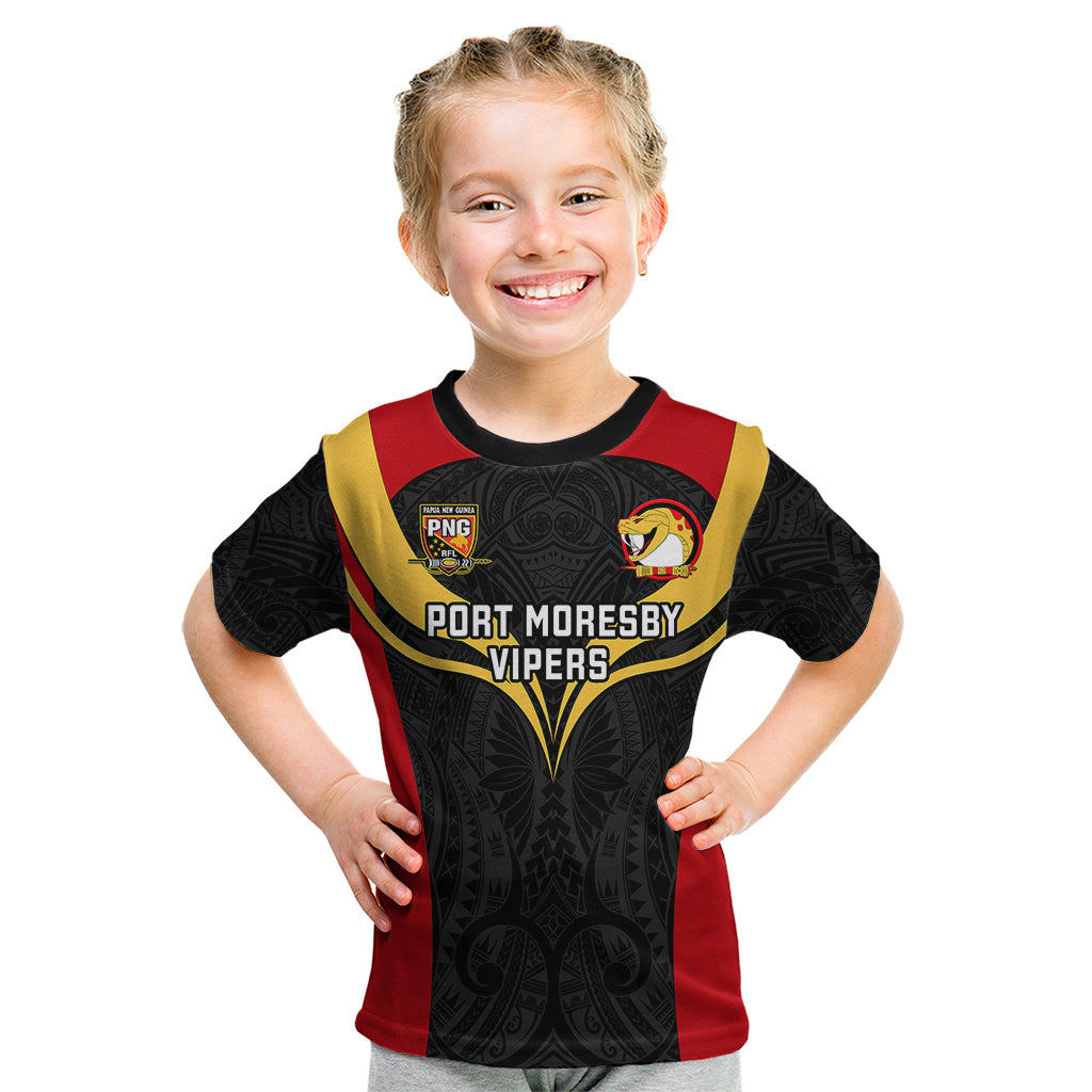Custom Papua New Guinea Rugby Kid T Shirt Port Moresby Vipers PNG Polynesian Pattern LT14 Black - Polynesian Pride