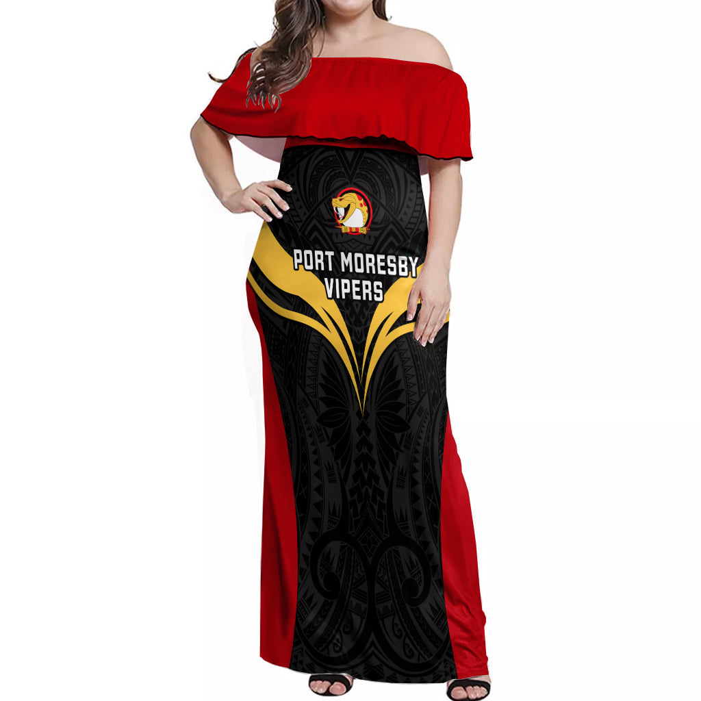 Custom Papua New Guinea Rugby Off Shoulder Maxi Dress Port Moresby Vipers PNG Polynesian Pattern LT14 Women Black - Polynesian Pride
