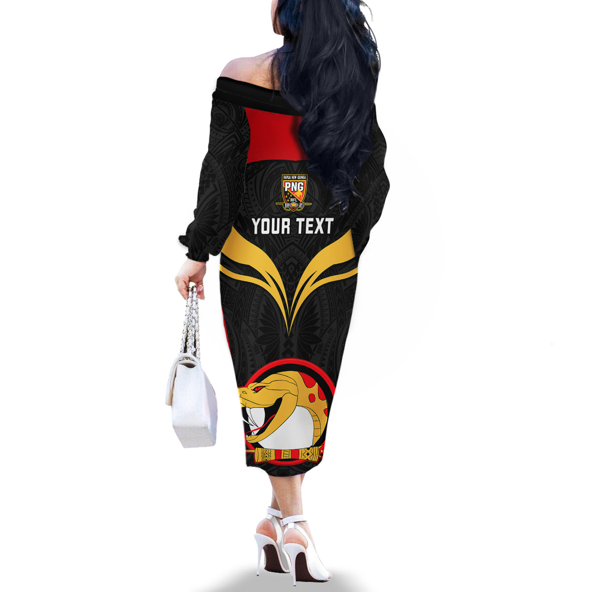 Custom Papua New Guinea Rugby Off The Shoulder Long Sleeve Dress Port Moresby Vipers PNG Polynesian Pattern LT14 - Polynesian Pride