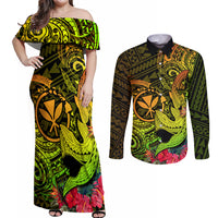 Hawaii Couples Matching Off Shoulder Maxi Dress and Long Sleeve Button Shirts Kanaka Map With Polynesian Shark Tattoo Reggae Unique LT14 Reggae - Polynesian Pride