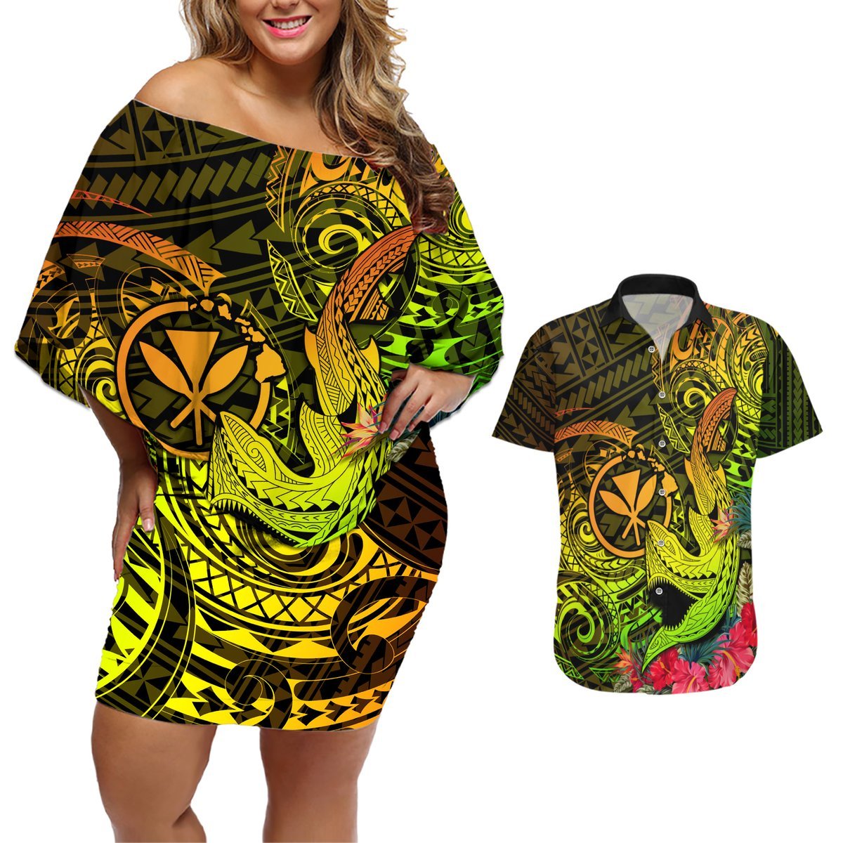 Hawaii Couples Matching Off Shoulder Short Dress and Hawaiian Shirt Kanaka Map With Polynesian Shark Tattoo Reggae Unique LT14 Reggae - Polynesian Pride