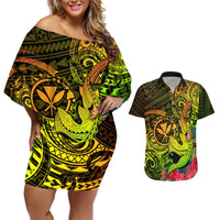 Hawaii Couples Matching Off Shoulder Short Dress and Hawaiian Shirt Kanaka Map With Polynesian Shark Tattoo Reggae Unique LT14 Reggae - Polynesian Pride