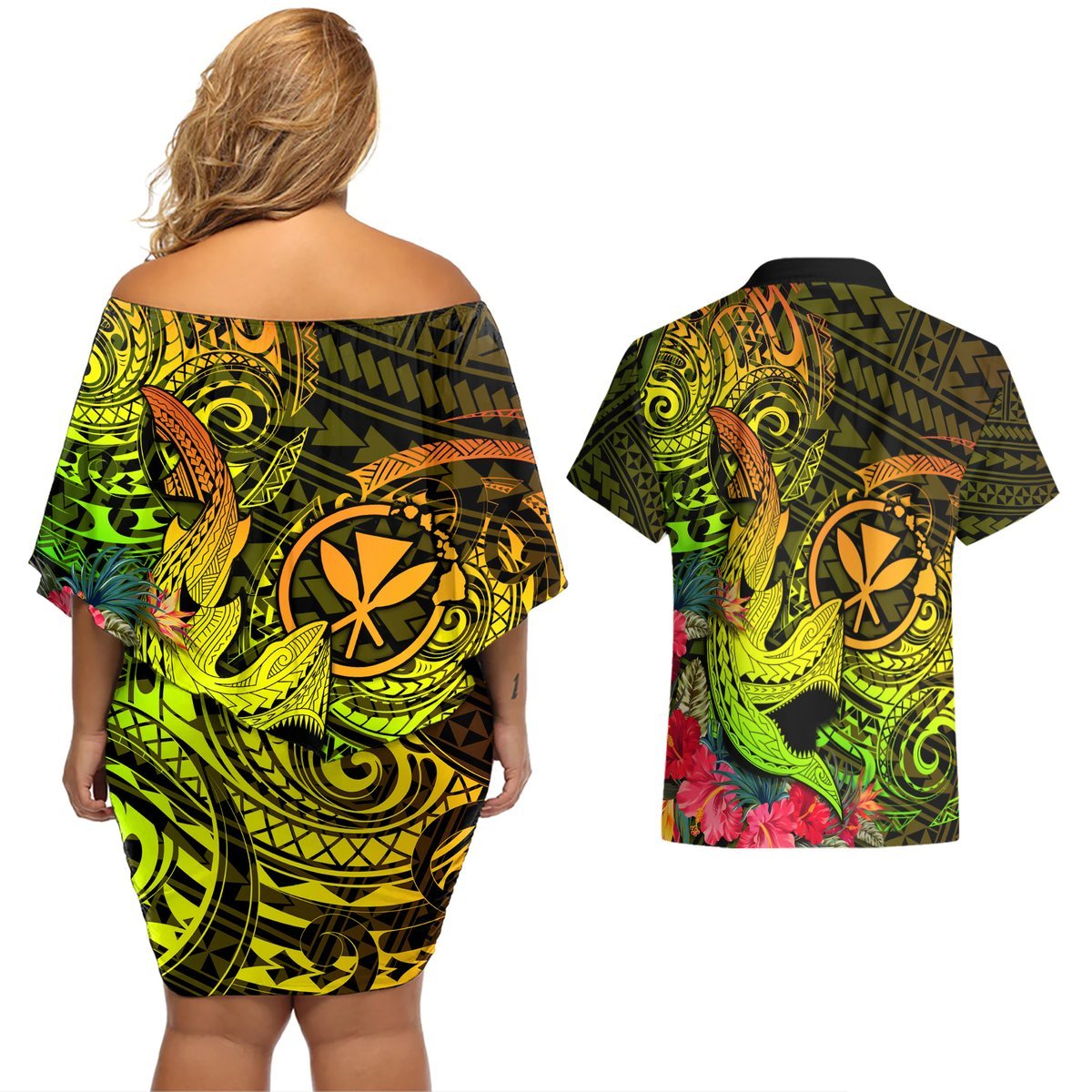 Hawaii Couples Matching Off Shoulder Short Dress and Hawaiian Shirt Kanaka Map With Polynesian Shark Tattoo Reggae Unique LT14 - Polynesian Pride