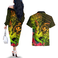 Hawaii Couples Matching Off The Shoulder Long Sleeve Dress and Hawaiian Shirt Kanaka Map With Polynesian Shark Tattoo Reggae Unique LT14 - Polynesian Pride