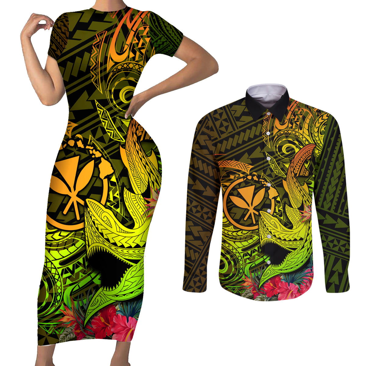 Hawaii Couples Matching Short Sleeve Bodycon Dress and Long Sleeve Button Shirts Kanaka Map With Polynesian Shark Tattoo Reggae Unique LT14 Reggae - Polynesian Pride