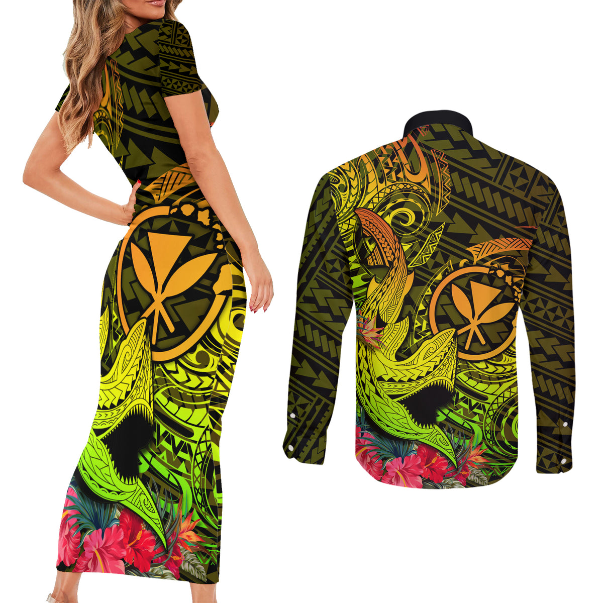 Hawaii Couples Matching Short Sleeve Bodycon Dress and Long Sleeve Button Shirts Kanaka Map With Polynesian Shark Tattoo Reggae Unique LT14 - Polynesian Pride