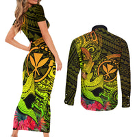 Hawaii Couples Matching Short Sleeve Bodycon Dress and Long Sleeve Button Shirts Kanaka Map With Polynesian Shark Tattoo Reggae Unique LT14 - Polynesian Pride