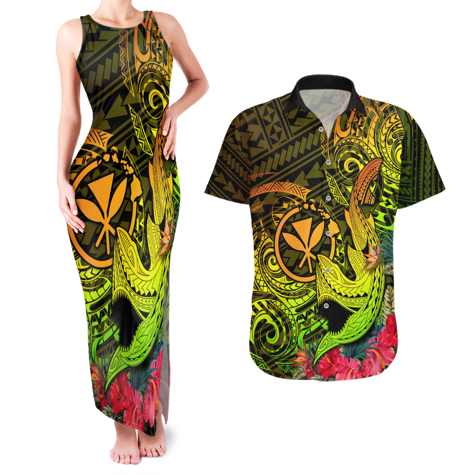 Hawaii Couples Matching Tank Maxi Dress and Hawaiian Shirt Kanaka Map With Polynesian Shark Tattoo Reggae Unique LT14 Reggae - Polynesian Pride
