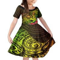 Hawaii Family Matching Long Sleeve Bodycon Dress and Hawaiian Shirt Kanaka Map With Polynesian Shark Tattoo Reggae Unique LT14 Daughter's Dress Reggae - Polynesian Pride