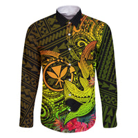 Hawaii Family Matching Off Shoulder Long Sleeve Dress and Hawaiian Shirt Kanaka Map With Polynesian Shark Tattoo Reggae Unique LT14 Dad's Shirt - Long Sleeve Reggae - Polynesian Pride