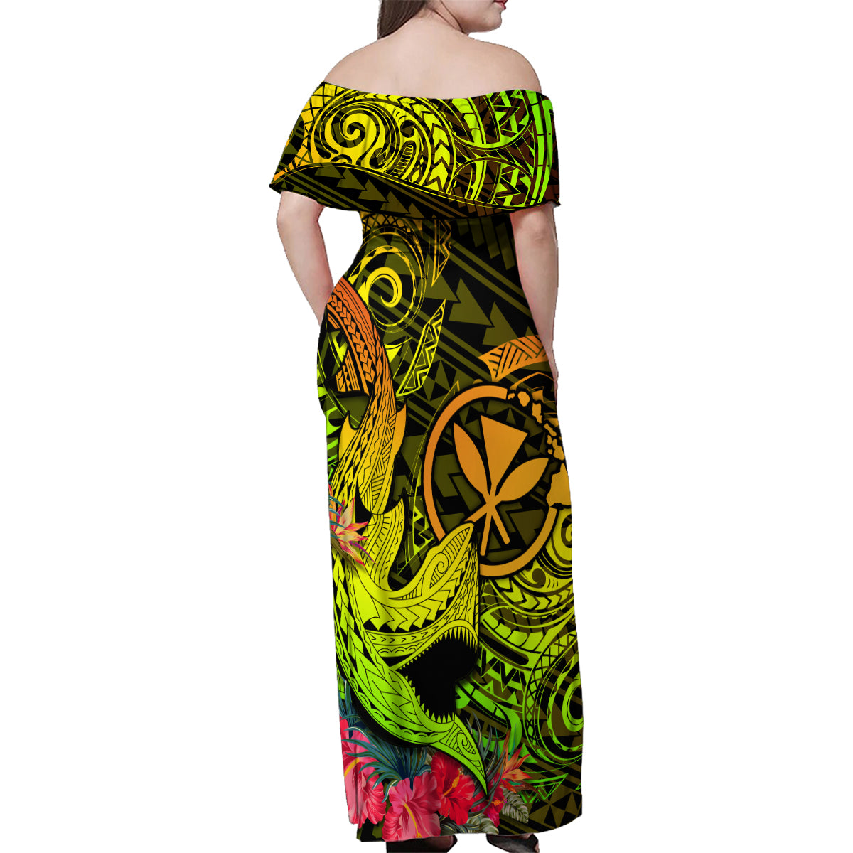 Hawaii Family Matching Off Shoulder Maxi Dress and Hawaiian Shirt Kanaka Map With Polynesian Shark Tattoo Reggae Unique LT14 - Polynesian Pride