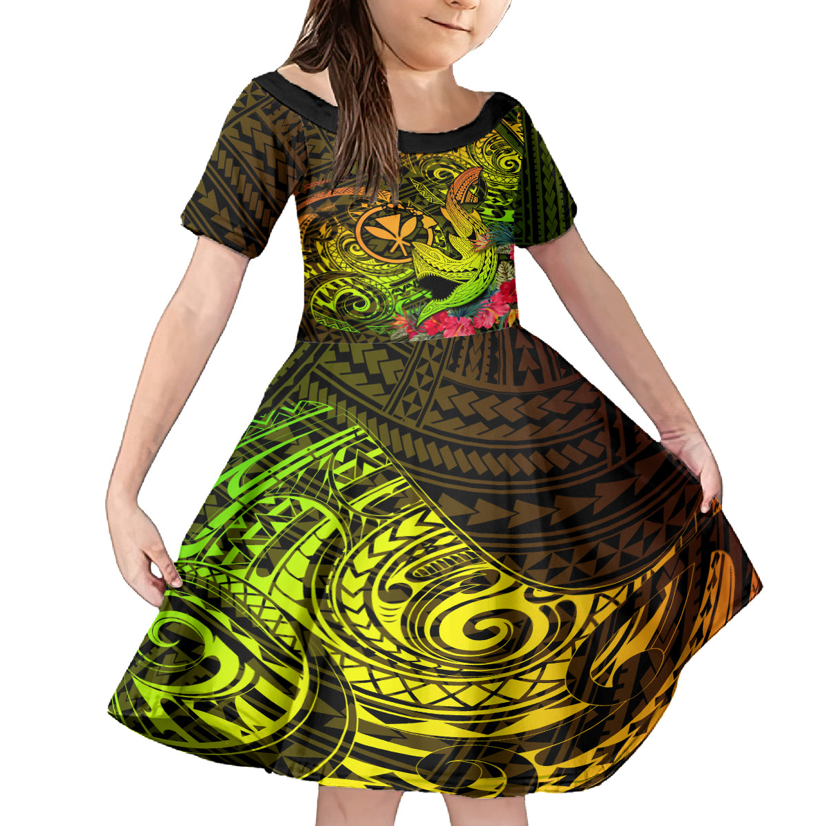 Hawaii Family Matching Puletasi Dress and Hawaiian Shirt Kanaka Map With Polynesian Shark Tattoo Reggae Unique LT14 Daughter's Dress Reggae - Polynesian Pride