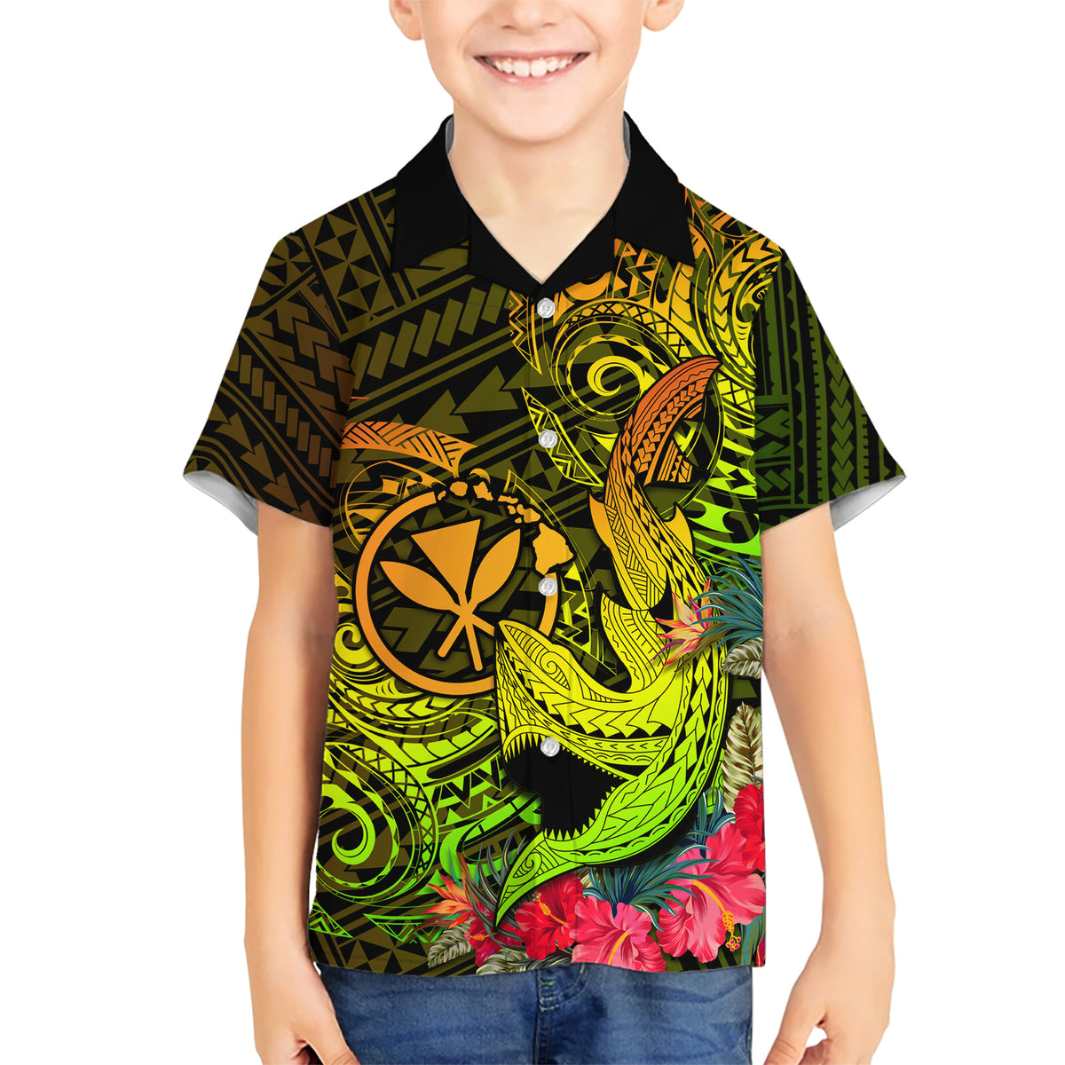 Hawaii Family Matching Short Sleeve Bodycon Dress and Hawaiian Shirt Kanaka Map With Polynesian Shark Tattoo Reggae Unique LT14 Son's Shirt Reggae - Polynesian Pride