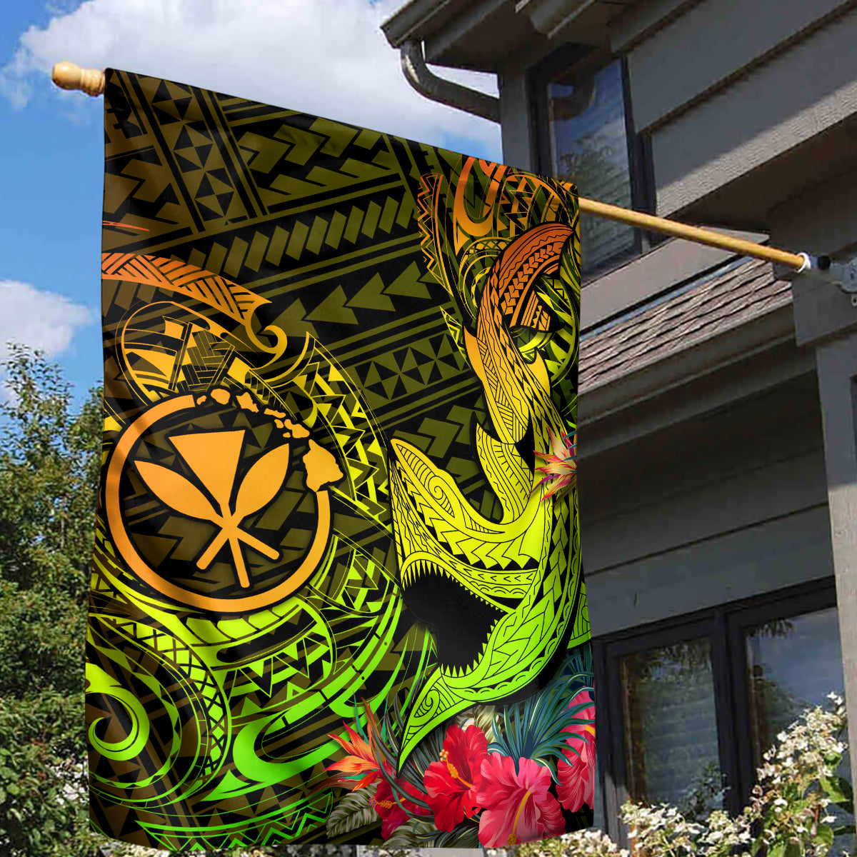 Hawaii Garden Flag Kanaka Map With Polynesian Shark Tattoo Reggae Unique LT14 - Polynesian Pride