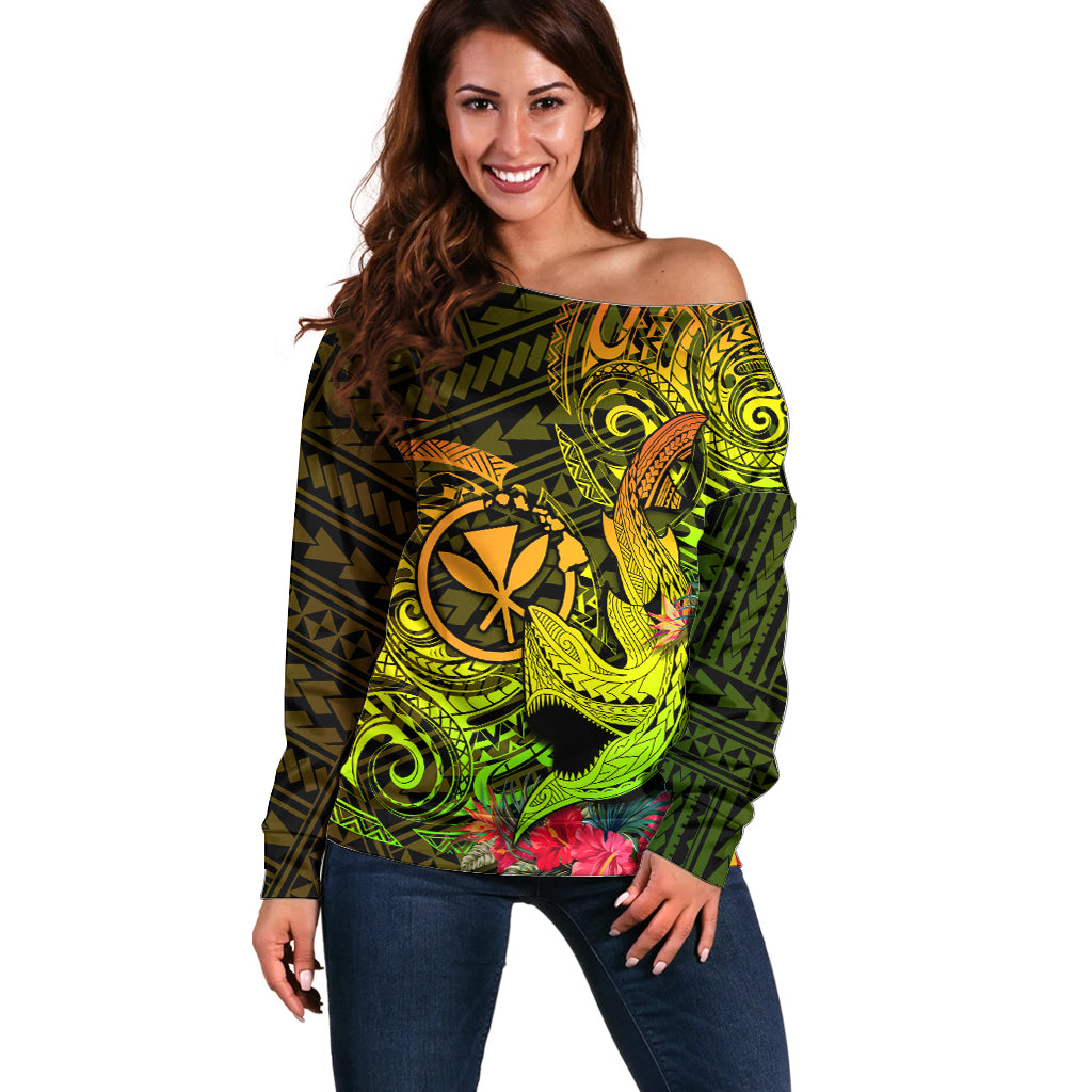 Hawaii Off Shoulder Sweater Kanaka Map With Polynesian Shark Tattoo Reggae Unique LT14 Women Reggae - Polynesian Pride