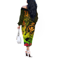 Hawaii Off The Shoulder Long Sleeve Dress Kanaka Map With Polynesian Shark Tattoo Reggae Unique LT14 - Polynesian Pride