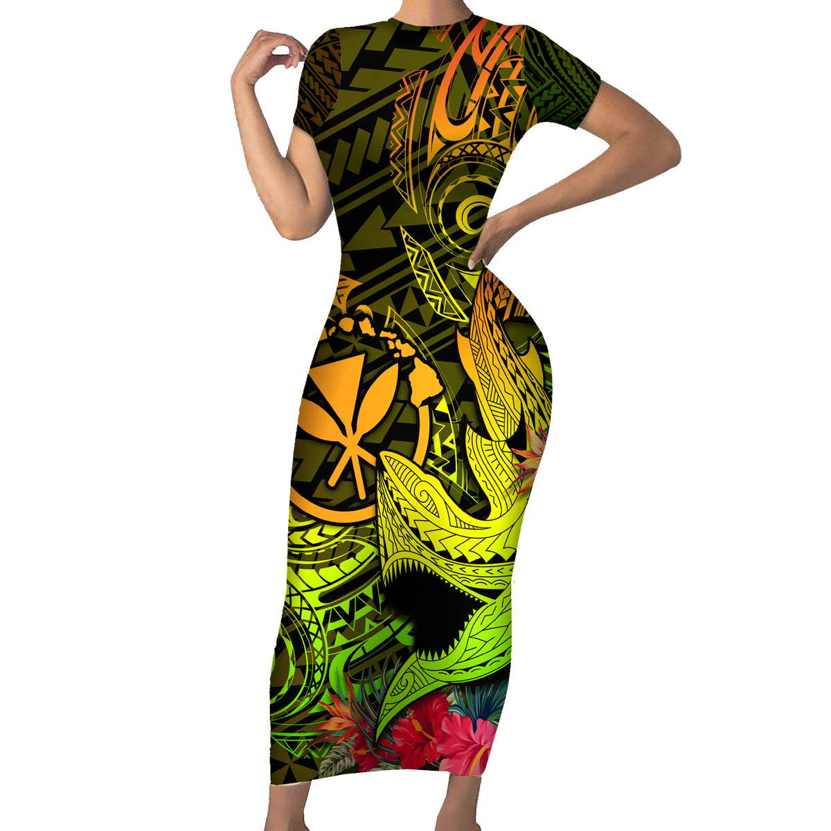 Hawaii Short Sleeve Bodycon Dress Kanaka Map With Polynesian Shark Tattoo Reggae Unique LT14 Long Dress Reggae - Polynesian Pride