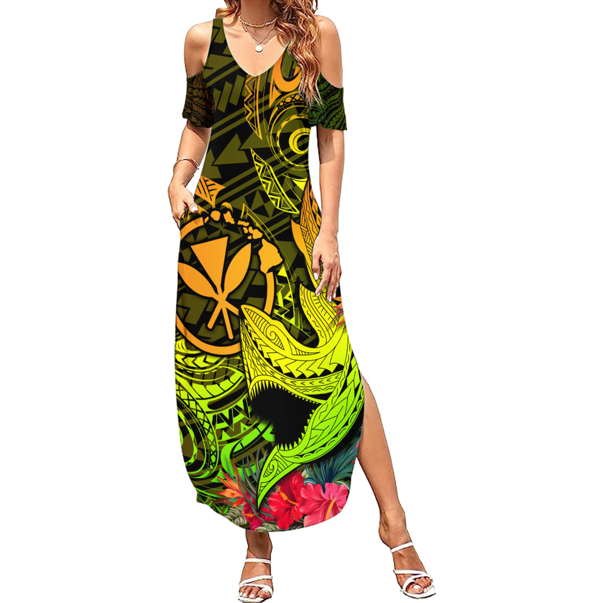 Hawaii Summer Maxi Dress Kanaka Map With Polynesian Shark Tattoo Reggae Unique LT14 Women Reggae - Polynesian Pride