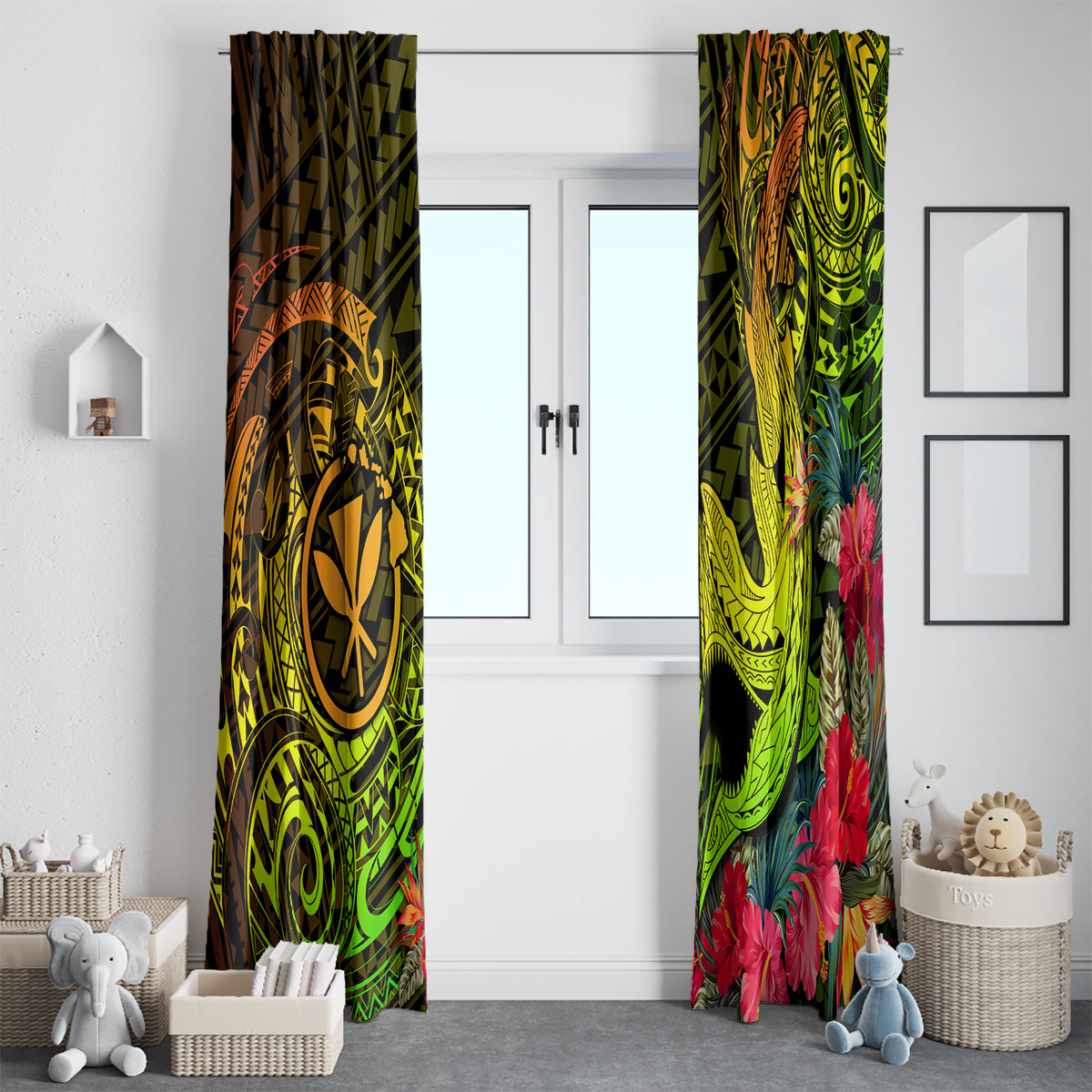 Hawaii Window Curtain Kanaka Map With Polynesian Shark Tattoo Reggae Unique LT14 - Polynesian Pride