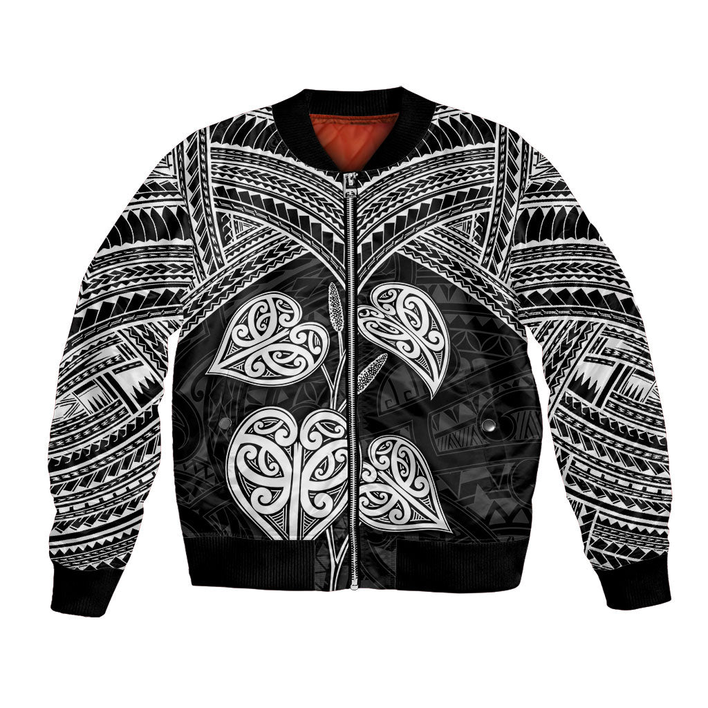 Black New Zealand Kawakawa Maori Ngaru Bomber Jacket LT14 Unisex Black - Polynesian Pride