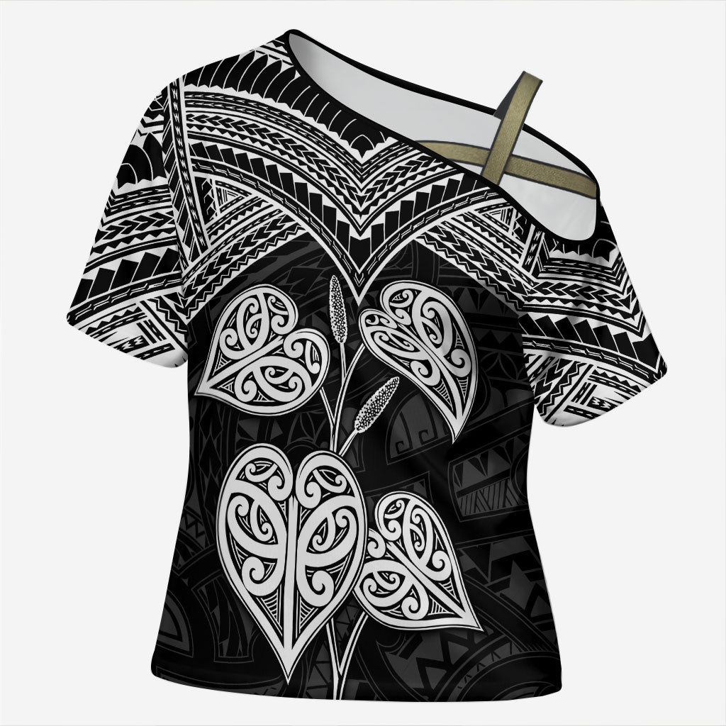 Black New Zealand Kawakawa Maori Ngaru Cross Shoulder Shirt LT14 Female Black - Polynesian Pride