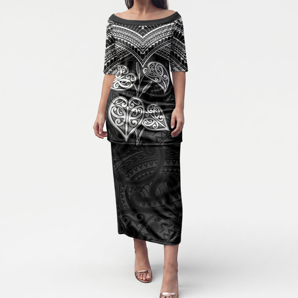 Black New Zealand Kawakawa Maori Ngaru Puletasi LT14 Long Dress Black - Polynesian Pride