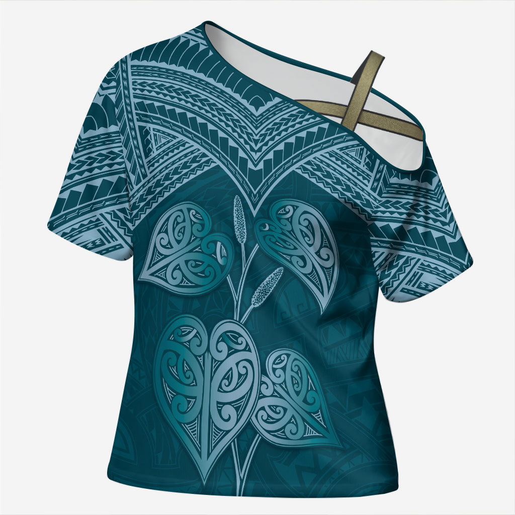 Cyan New Zealand Kawakawa Maori Ngaru Cross Shoulder Shirt LT14 Female Cyan - Polynesian Pride