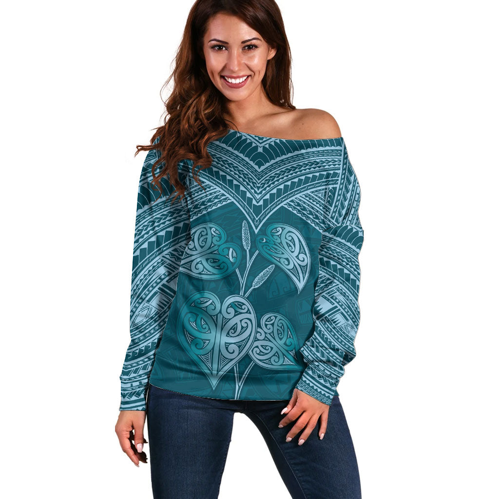 Cyan New Zealand Kawakawa Maori Ngaru Off Shoulder Sweater LT14 Women Cyan - Polynesian Pride