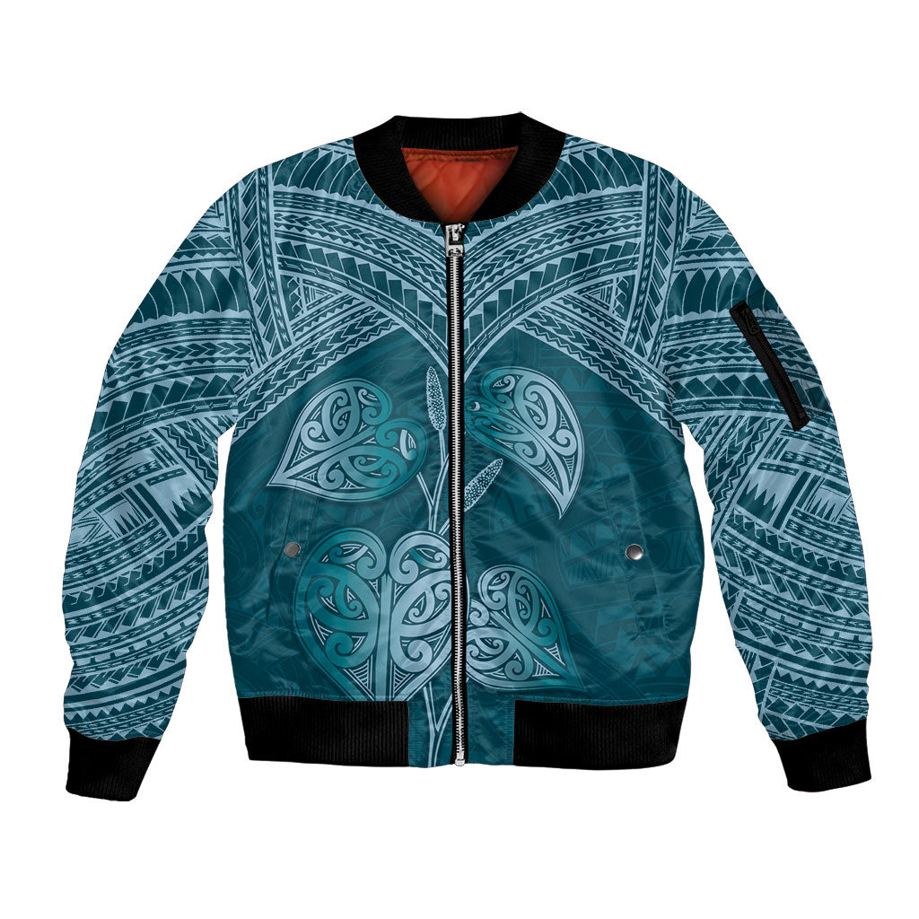 Cyan New Zealand Kawakawa Maori Ngaru Sleeve Zip Bomber Jacket LT14 Unisex Cyan - Polynesian Pride