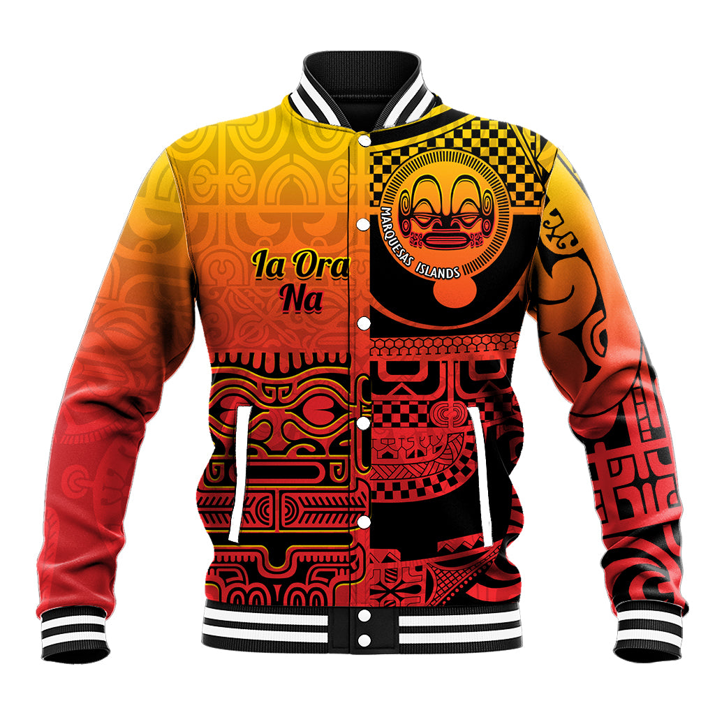 Personalised Ia Ora Na Marquesas Islands Baseball Jacket Mata Tiki Marquesan Tattoo LT14 Unisex Red - Polynesian Pride