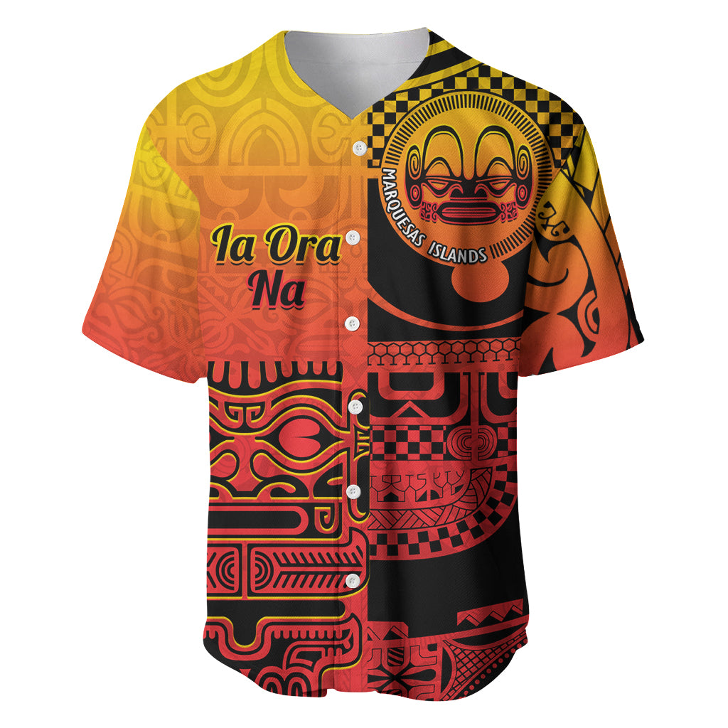 Personalised Ia Ora Na Marquesas Islands Baseball Jersey Mata Tiki Marquesan Tattoo LT14 Red - Polynesian Pride