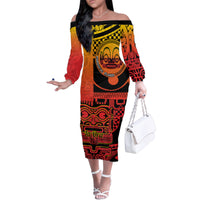 Personalised Ia Ora Na Marquesas Islands Family Matching Off Shoulder Long Sleeve Dress and Hawaiian Shirt Mata Tiki Marquesan Tattoo LT14 Mom's Dress Red - Polynesian Pride